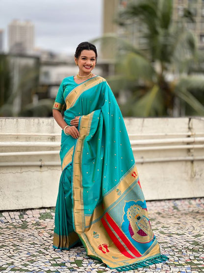Sea Green Color Soft Silk Fabric Woven Paithani Designer Cultural Rich Saree