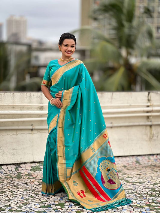 Sea Green Color Soft Silk Fabric Woven Paithani Designer Cultural Rich Saree