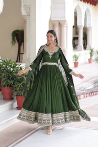 Green Color Heavy Embroidered Ethnic Beautiful Gown With Dupatta