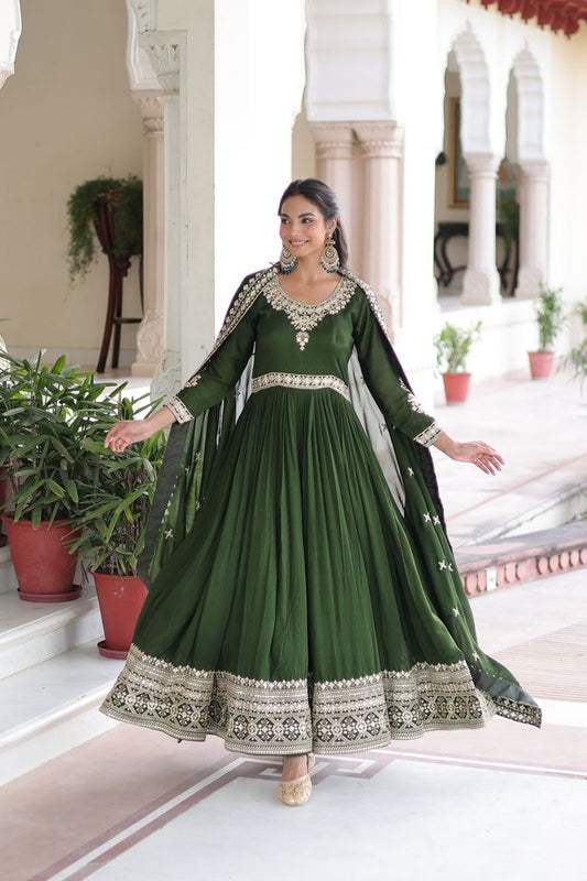 Green Color Heavy Embroidered Ethnic Beautiful Gown With Dupatta