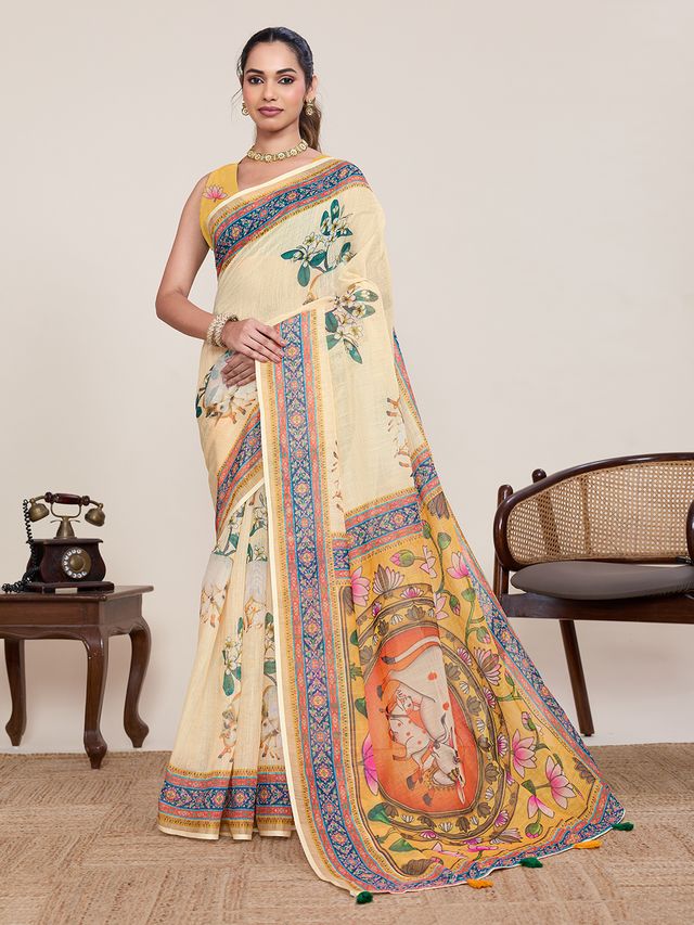 Yellow Color Linen Silk Fabric Beautiful Partywear Saree
