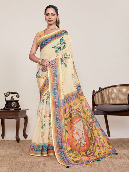 Yellow Color Linen Silk Fabric Beautiful Partywear Saree