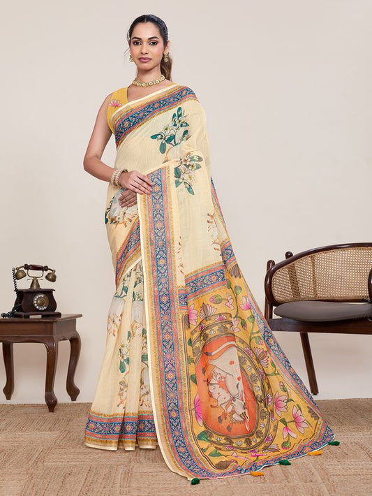 Yellow Color Linen Silk Fabric Beautiful Partywear Saree