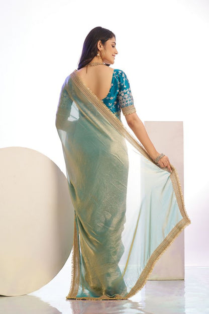 Aqua Color Stylish Heavy Partywear Saree For Rich Girlie Looks