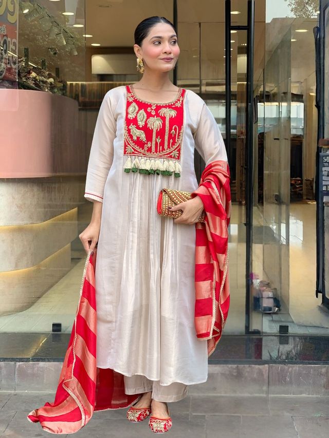 Red Color Beautiful Silk Fabric Designer Ceremonial Readymade Suit