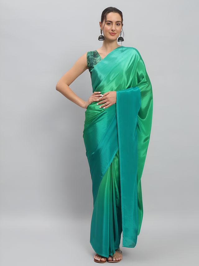 Parrot Green Color Ready To Wear Chinon Fabric Saree For Stylish Looks
