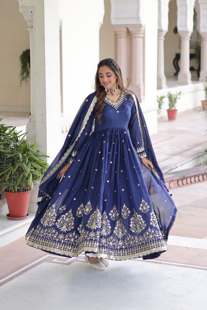 Blue Color Heavy Embroidered Ethnic Beautiful Gown With Dupatta