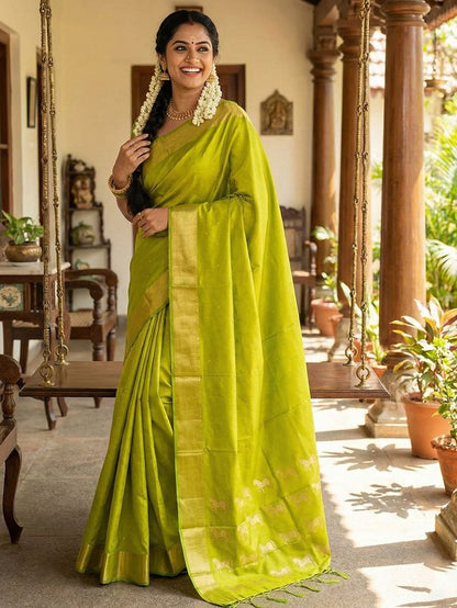 Parrot Green Color Soft Silk Fabric Woven Designer Saree For Ethnic Looks