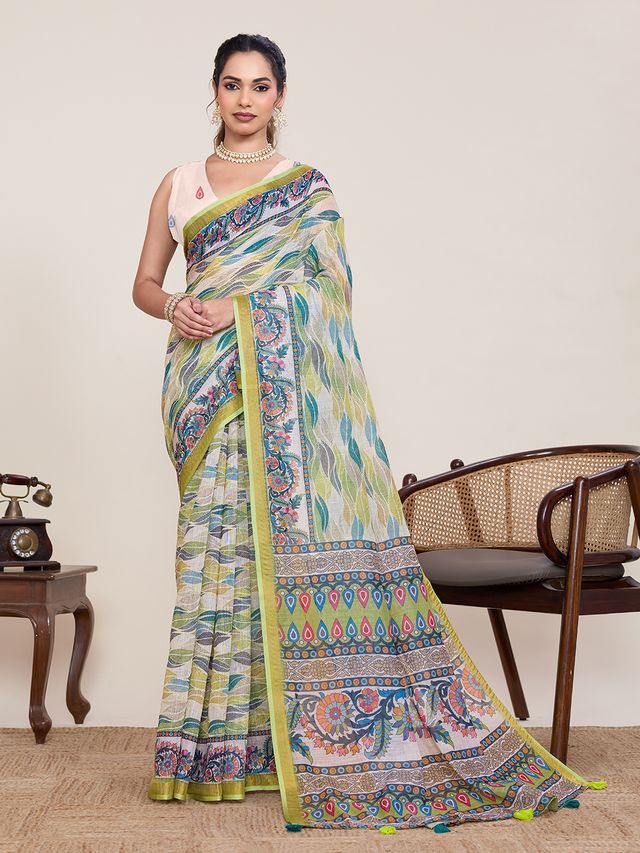 Multy Color Linen Silk Fabric Beautiful Partywear Saree