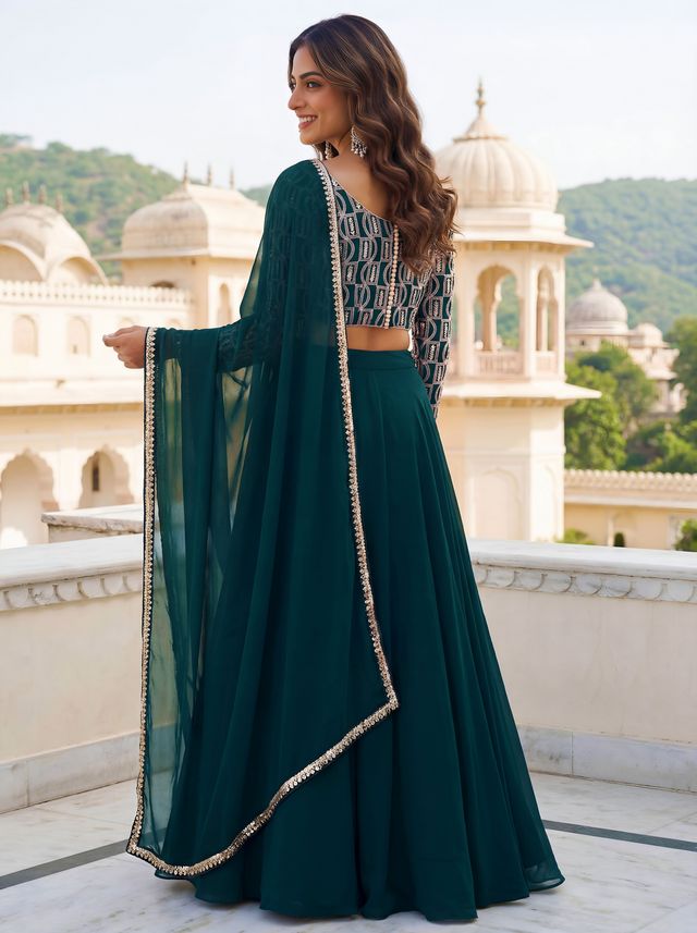 Green Color Georgette Fabric Designer Embroidered Lehenga Choli For Ceremonial Looks