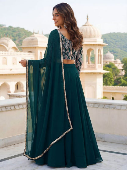 Green Color Georgette Fabric Designer Embroidered Lehenga Choli For Ceremonial Looks