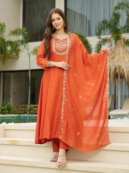 Women's Orange Embroidered Vichitra Silk Fabric Straight Kurta, Pant and Dupatta Set 658