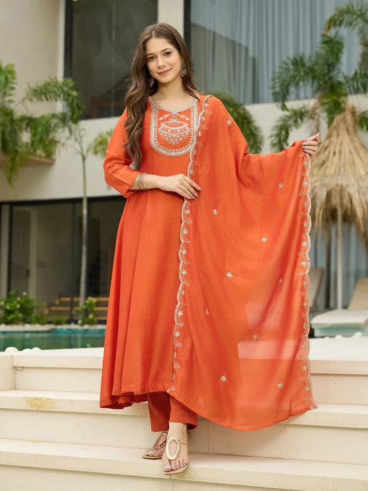 Women's Orange Embroidered Vichitra Silk Fabric Straight Kurta, Pant and Dupatta Set 658