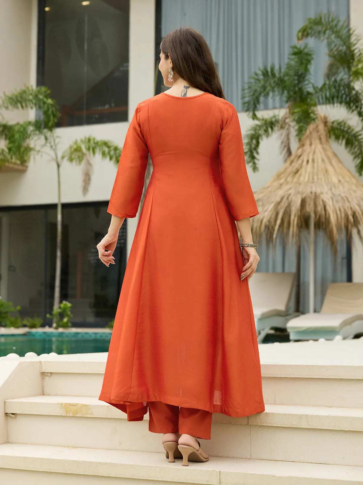 Women's Orange Embroidered Vichitra Silk Fabric Straight Kurta, Pant and Dupatta Set 658