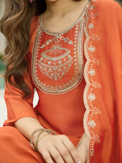 Women's Orange Embroidered Vichitra Silk Fabric Straight Kurta, Pant and Dupatta Set 658