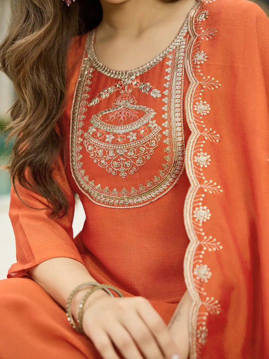 Women's Orange Embroidered Vichitra Silk Fabric Straight Kurta, Pant and Dupatta Set 658