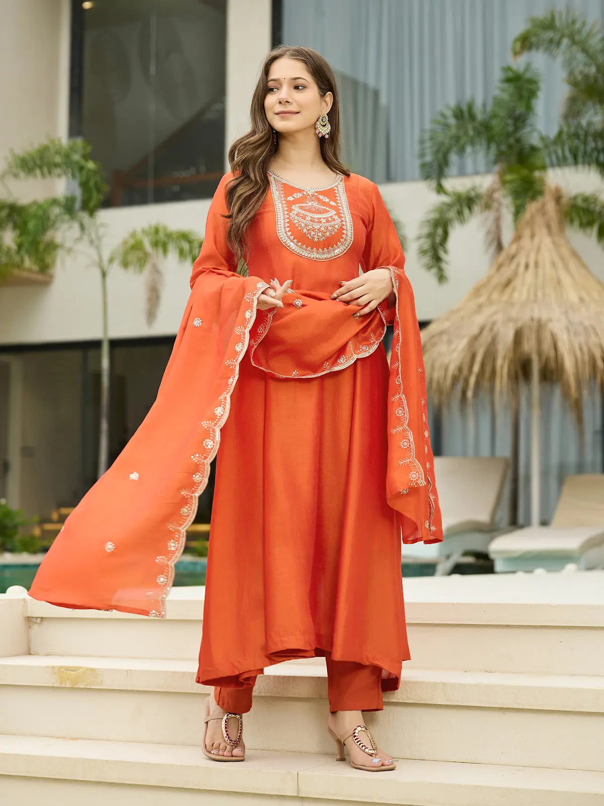 Women's Orange Embroidered Vichitra Silk Fabric Straight Kurta, Pant and Dupatta Set 658