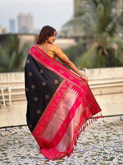 Black Color Soft Silk Woven Designer Saree For Ceremonial Looks