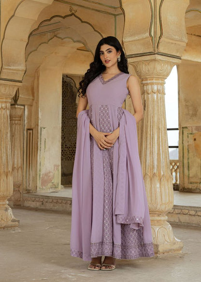 Lilac Color Georgette Fabric Designer Embroidered Partywear Gown For Girlie Looks