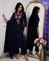 Navy Blue Color Ethnic Cotton Silk Fabric Readymade Kurta Set With Dupatta