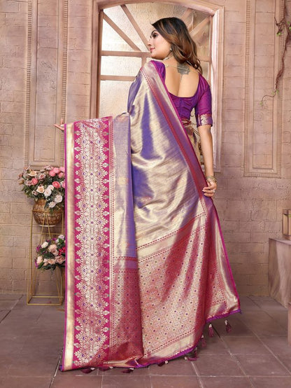 Lavender Color Banarasi Tissue Silk Ethnic Jacquard Weving Designer Ceremonial Saree