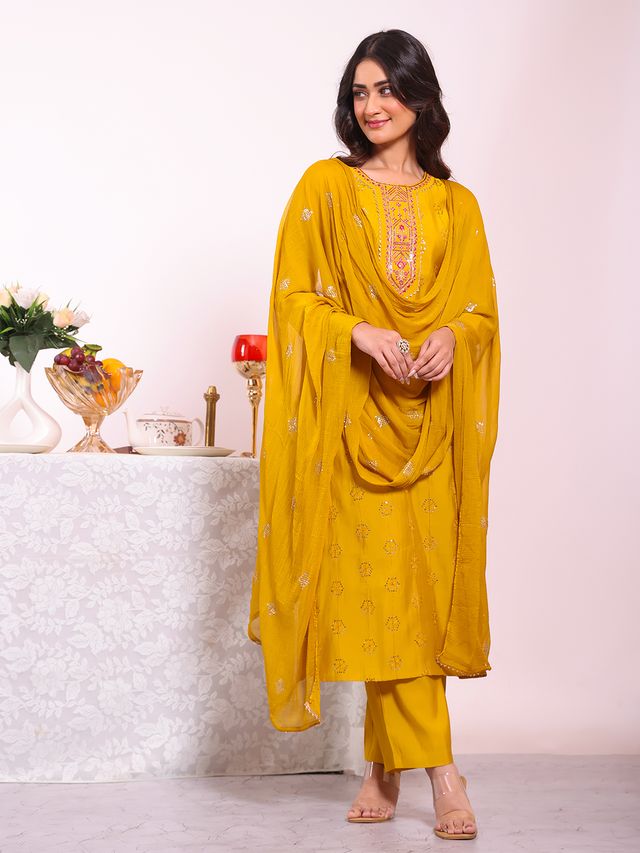 Mustard Color Poly Silk Fabric Smart Ethnic Partywear Kurta Set