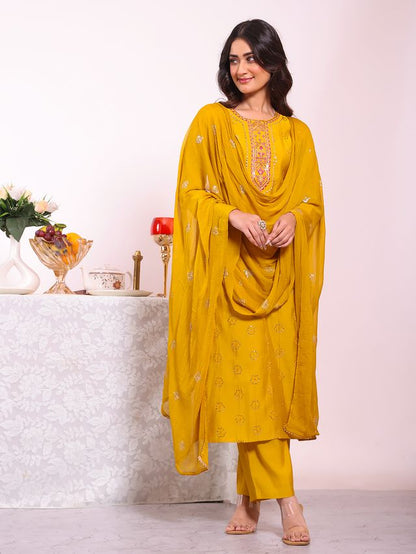Mustard Color Poly Silk Fabric Smart Ethnic Partywear Kurta Set