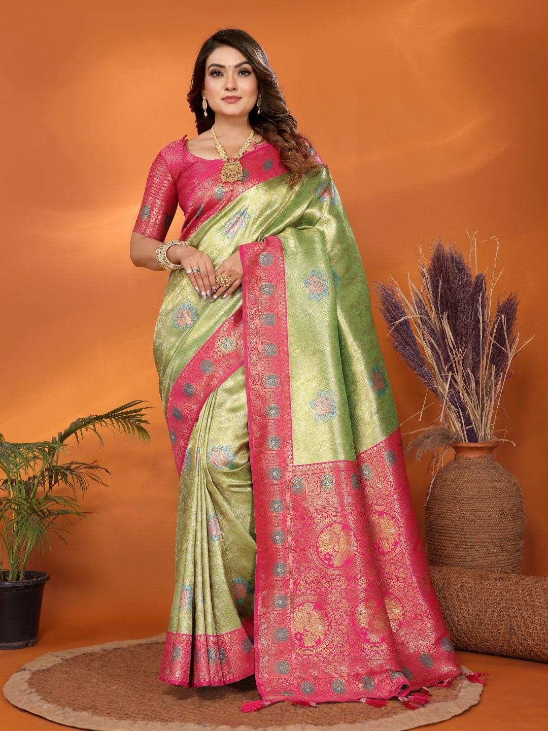 Light Green Banarasi Tissue Silk Saree With Weaving Work