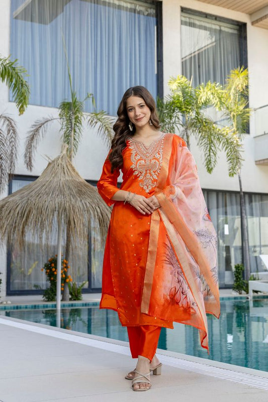 Orange Color Beautiful Readymade Dress On Jacquard Silk Fabric For Graceful Girlie Looks