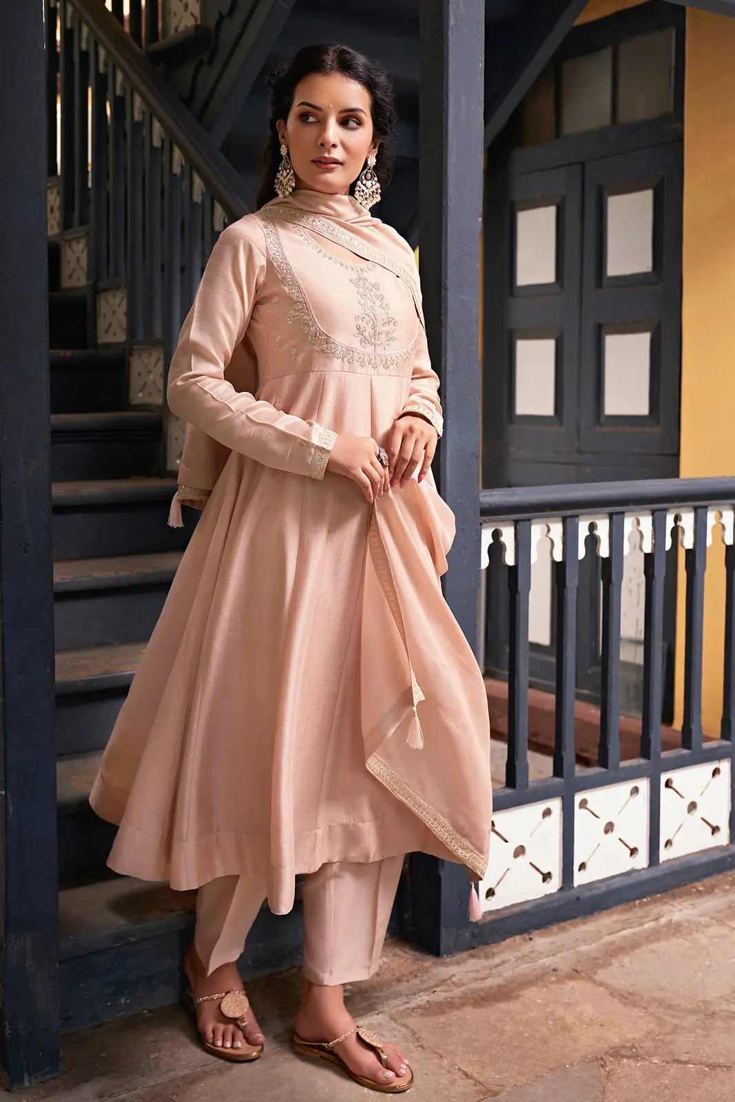 Women's Beautiful Vichitra Silk Fabric Embroidery Work Flared Anarkali Pant and Dupatta Set 06