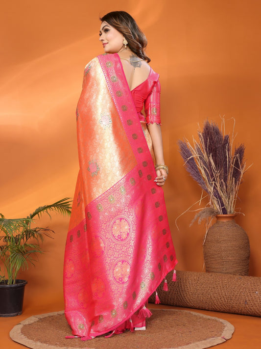 Peach Banarasi Tissue Silk Saree With Weaving Work