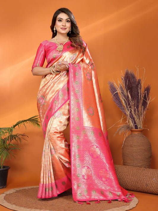 Peach Banarasi Tissue Silk Saree With Weaving Work