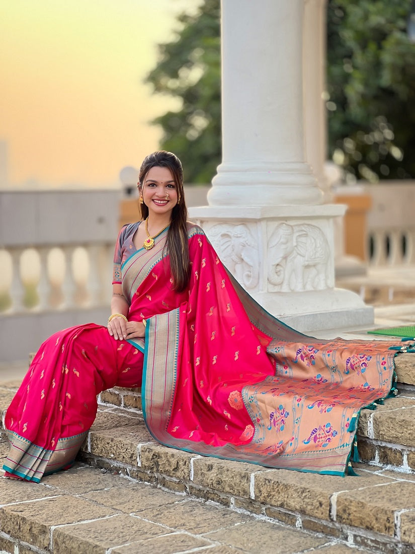 Ranipink Soft Paithani Silk Meenakari Weaving Saree With Unstitched Blouse
