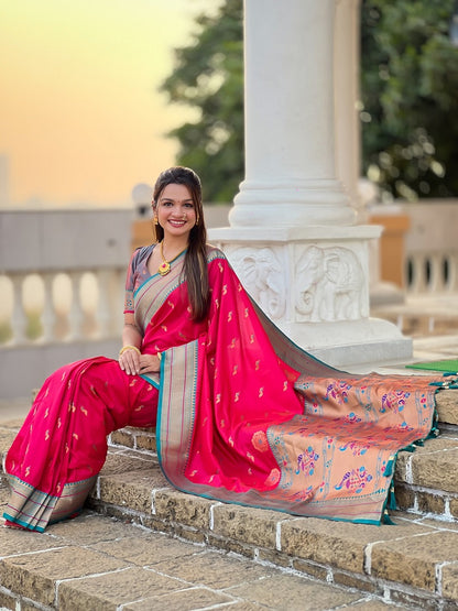 Ranipink Soft Paithani Silk Meenakari Weaving Saree With Unstitched Blouse