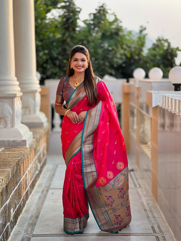 Ranipink Soft Paithani Silk Meenakari Weaving Saree With Unstitched Blouse