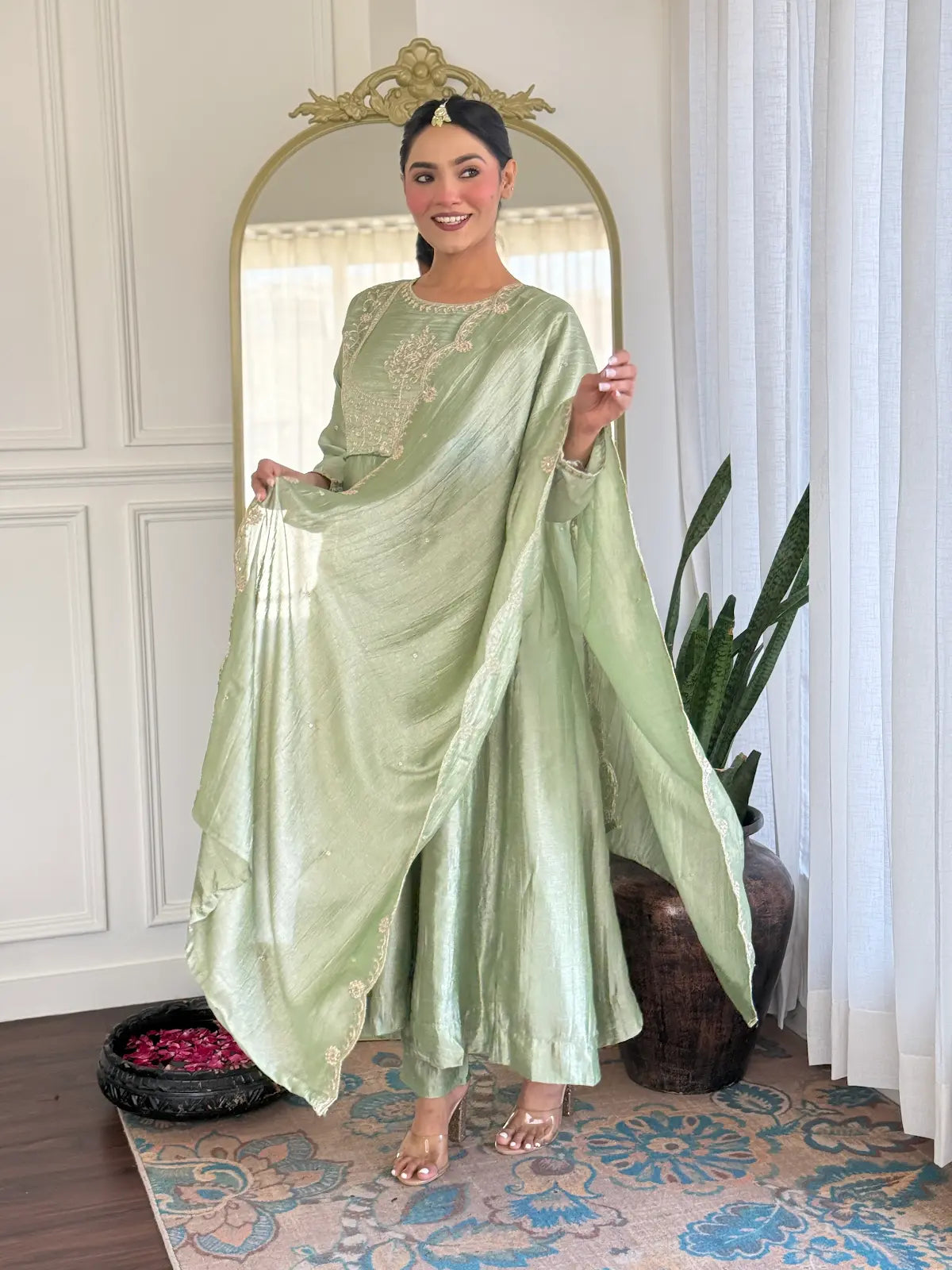 Women's Beautiful Vichitra Silk Fabric Embroidery Work Flared Anarkali Pant and Dupatta Set 102
