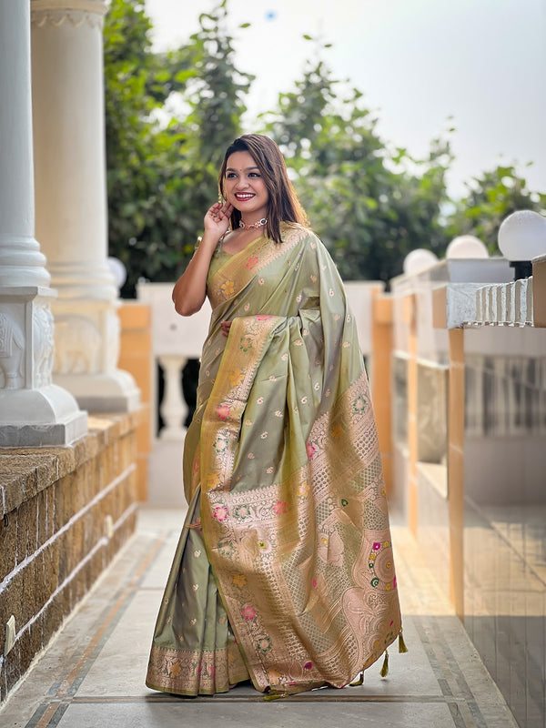 Pista Soft Banarasi Silk Meenakari Weaving Saree With Unstitched Blouse