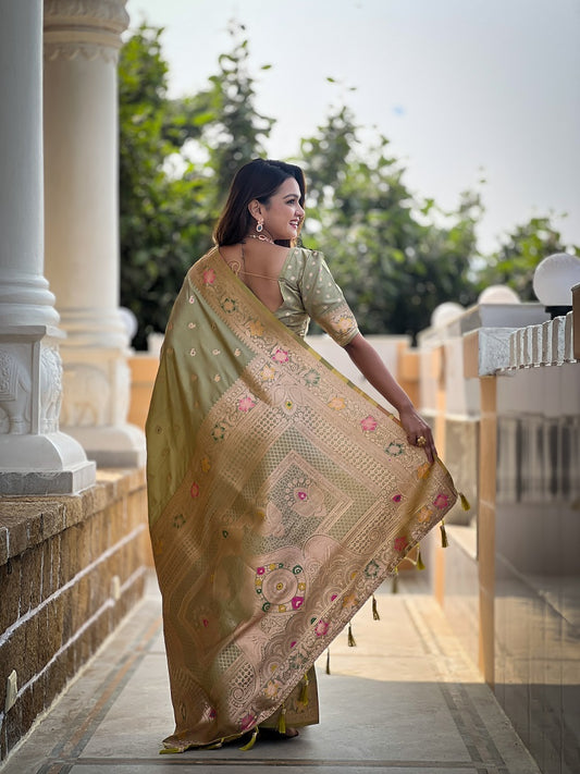 Pista Soft Banarasi Silk Meenakari Weaving Saree With Unstitched Blouse
