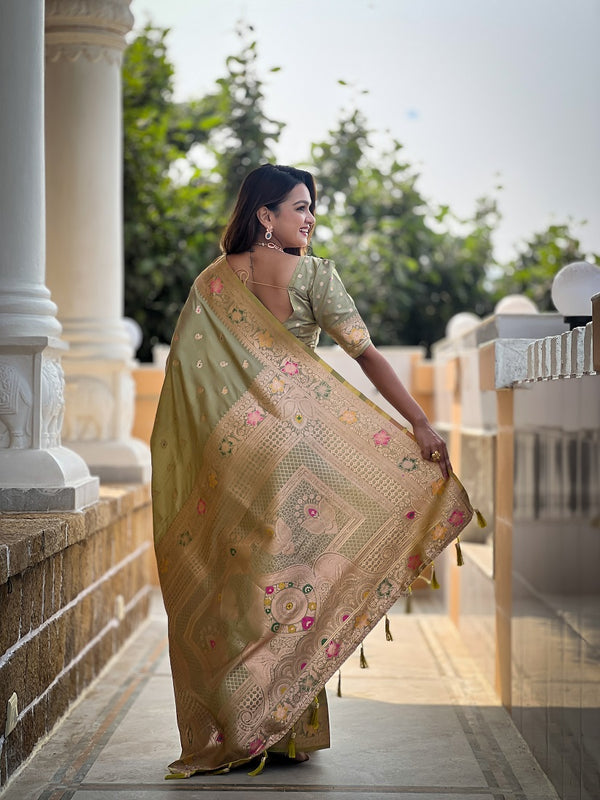 Pista Soft Banarasi Silk Meenakari Weaving Saree With Unstitched Blouse