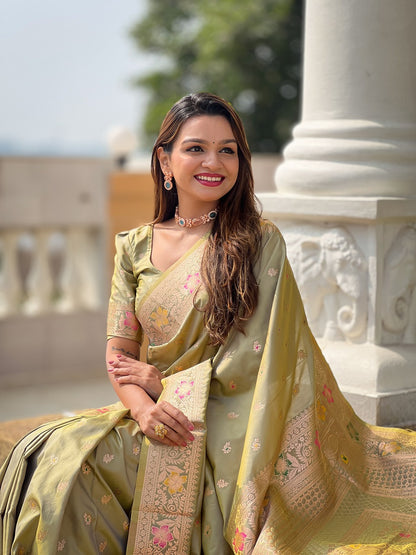 Pista Soft Banarasi Silk Meenakari Weaving Saree With Unstitched Blouse