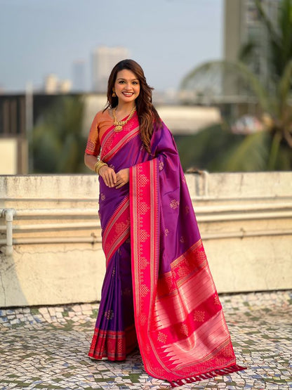 Purple Color Soft Silk Woven Designer Saree For Ceremonial Looks