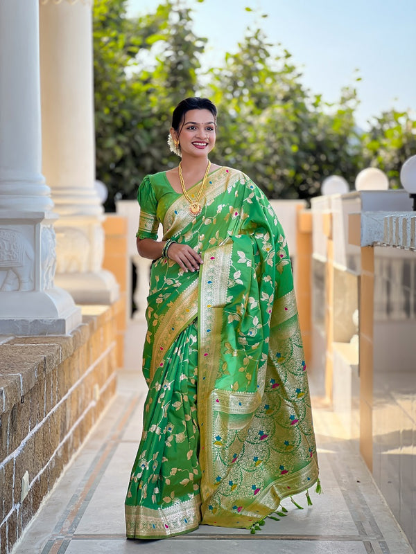 Perrot Soft Banarasi Silk Meenakari Weaving Saree With Unstitched Blouse