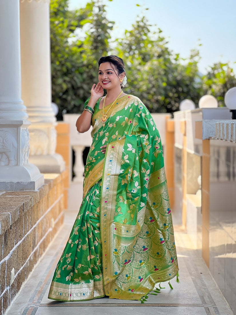 Perrot Soft Banarasi Silk Meenakari Weaving Saree With Unstitched Blouse