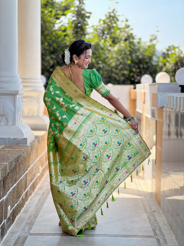Perrot Soft Banarasi Silk Meenakari Weaving Saree With Unstitched Blouse