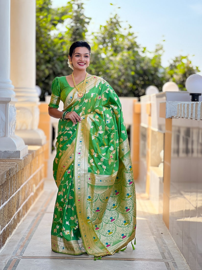 Perrot Soft Banarasi Silk Meenakari Weaving Saree With Unstitched Blouse