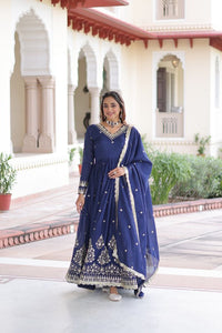 Blue Color Heavy Embroidered Ethnic Beautiful Gown With Dupatta