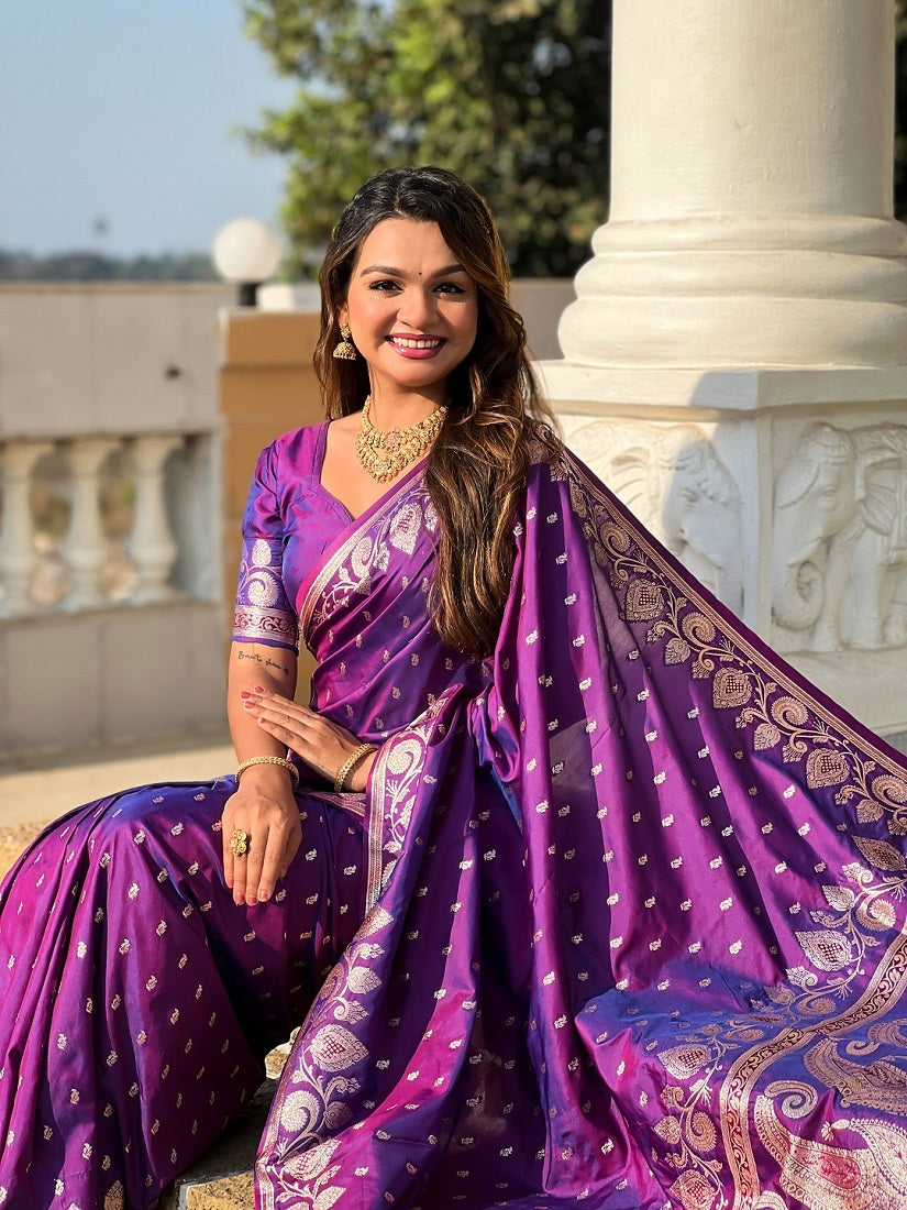 Purple Soft Banarasi Silk Meenakari Weaving Saree With Unstitched Blouse