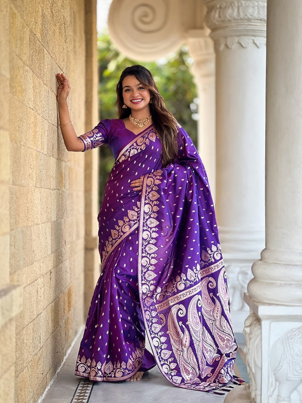 Purple Soft Banarasi Silk Meenakari Weaving Saree With Unstitched Blouse