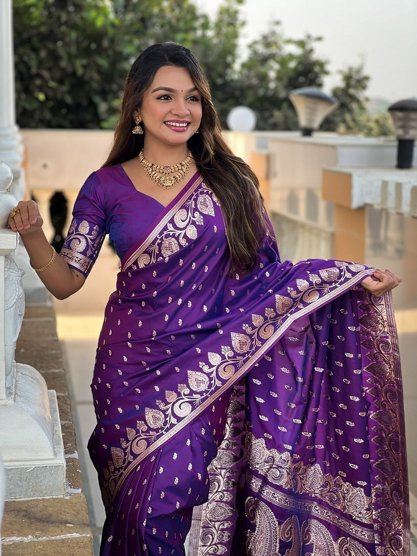 Purple Soft Banarasi Silk Meenakari Weaving Saree With Unstitched Blouse