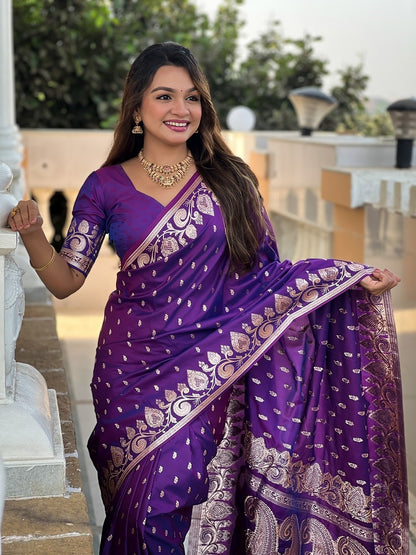 Purple Soft Banarasi Silk Meenakari Weaving Saree With Unstitched Blouse